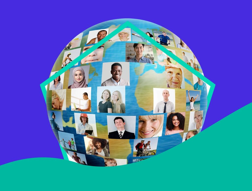 Group of people in icons in the shape of a globe