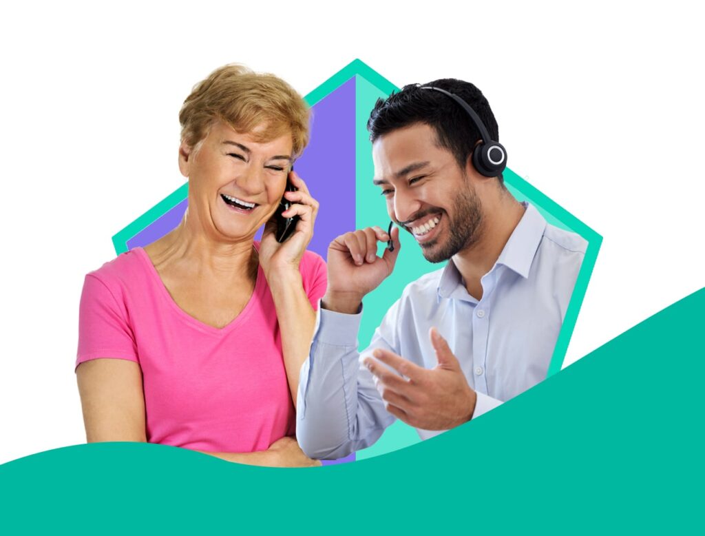 Split screen of a healthcare professional assisting a patient via the telephone