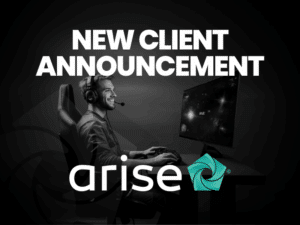 Graphic announcing a new client... Image of a happy male gaming